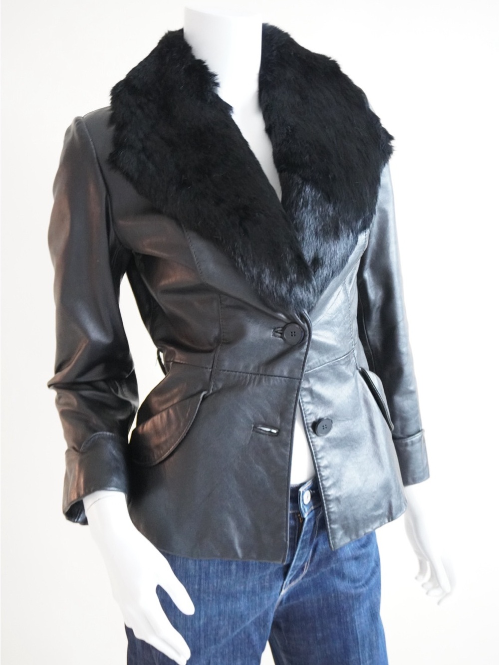 Vintage Belted Blazer Leather Rabbit Fur Collar Black Jacket Made in Korea